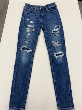 American Eagle Outfitters Dark Blue Distressed Skinny Jeans next level stretch 2